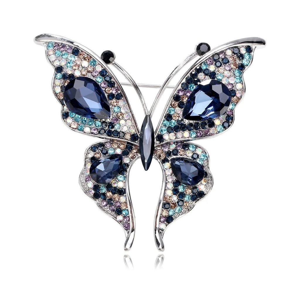 Luxury Full Rhinestone Butterfly Brooch With Blue Zircon Accent, Elegant Women's Lapel Pin Corsage Gift