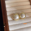 14K Gold Plated Copper Round Pearl Stud Earrings Hepburn Style Pleated Vintage Jewelry