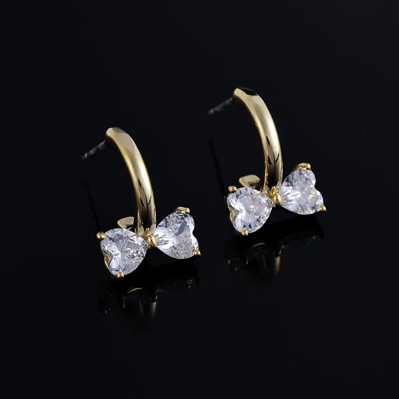 Elegant Gold Alloy Zircon Bow Hoop With Spiral Disc Stud & Clip On No Piercing Women's Fashion Earrings