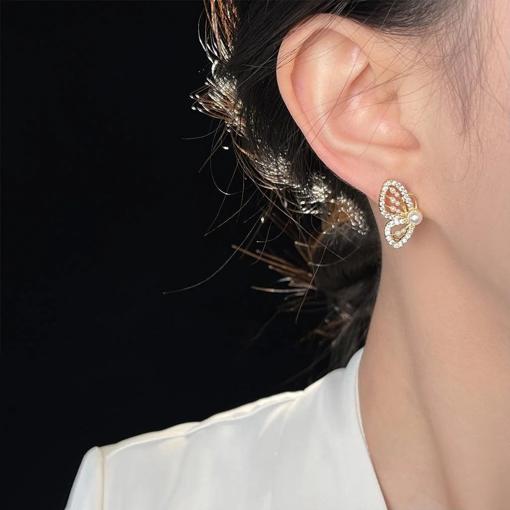 Korean Style 14K Plated Copper Micro Pave Zircon Butterfly Stud Earrings