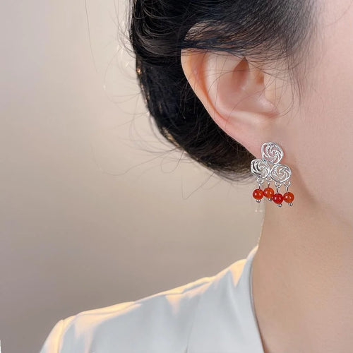 Vintage Ethnic Red Agate Drop Earrings Copper Hollow Geometric Auspicious Cloud