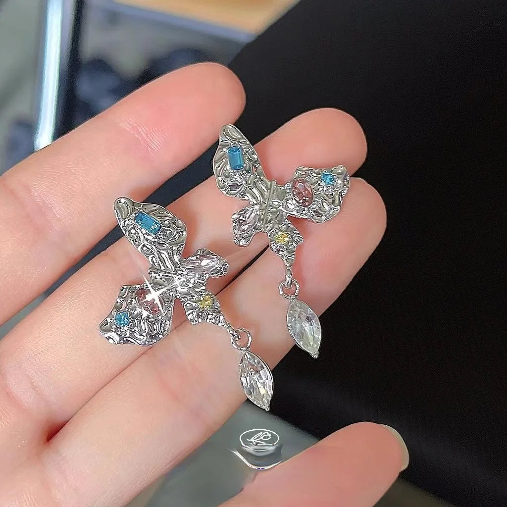 Sweet Cool Glass Crystal Rhinestone Butterfly Drop Earrings With Silver Plated Pins