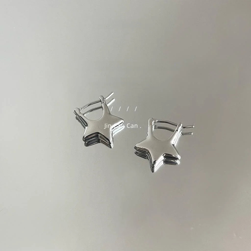 Sweet Cool Silver Tone Copper Five Point Star Stud Earrings Trendy Minimalist Fashion Jewelry