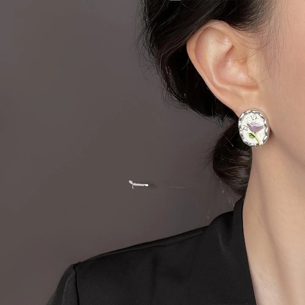 Fresh Sweet Hand Painted Enamel Tulip Flower Eco Copper Stud Earrings For Women Daily Commute