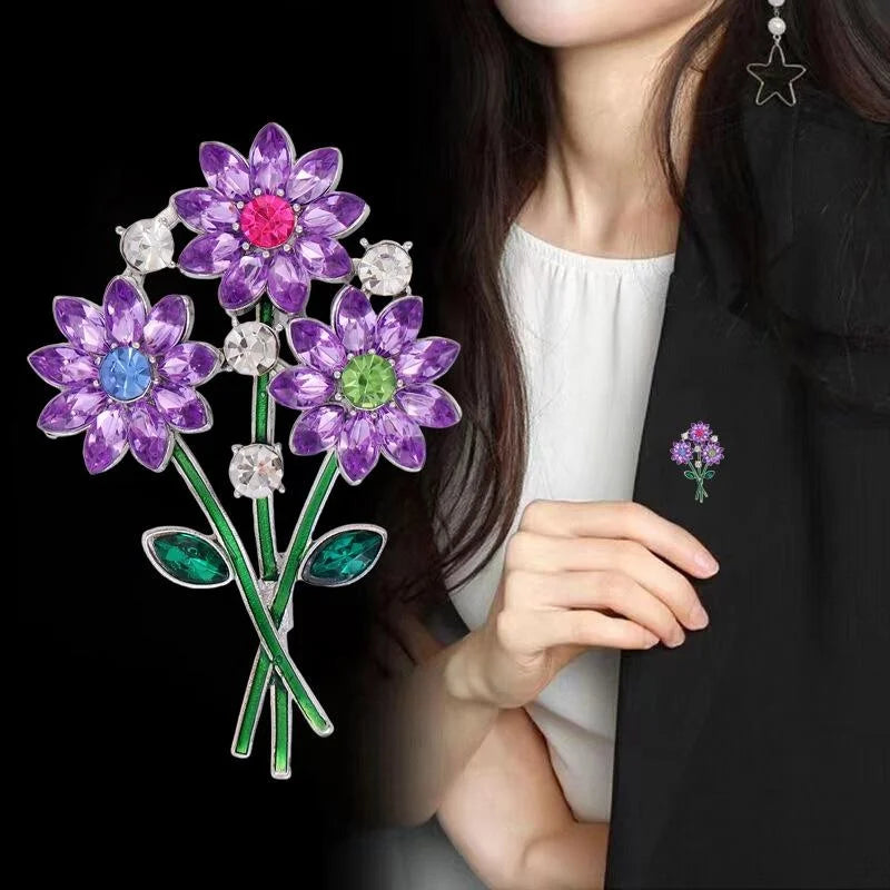 Elegant Rhinestone Daisy Bouquet Brooch With Enamel Stems, Luxury Floral Lapel Pin Suit Accessory Gift