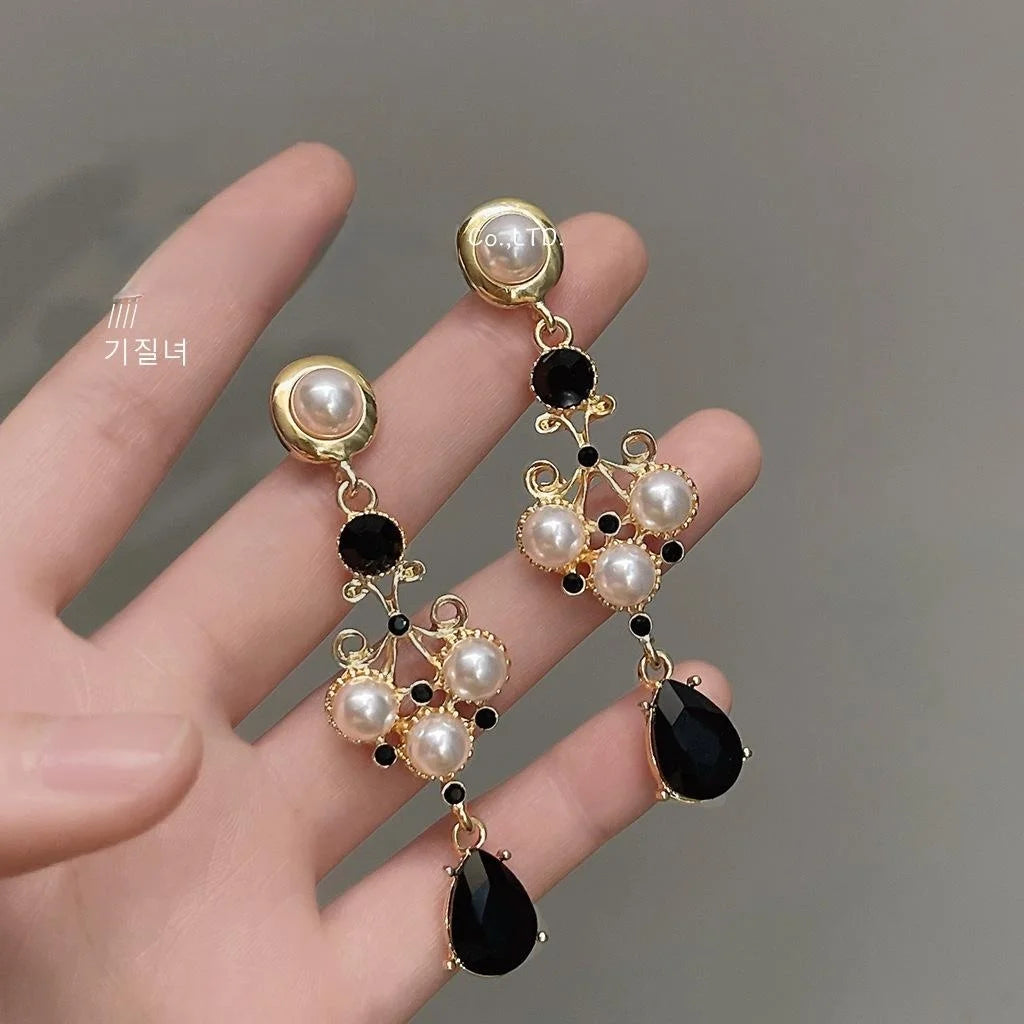 14K Plated Glass Crystal Geometric Long Stud Earrings Dark Vintage Palace Style