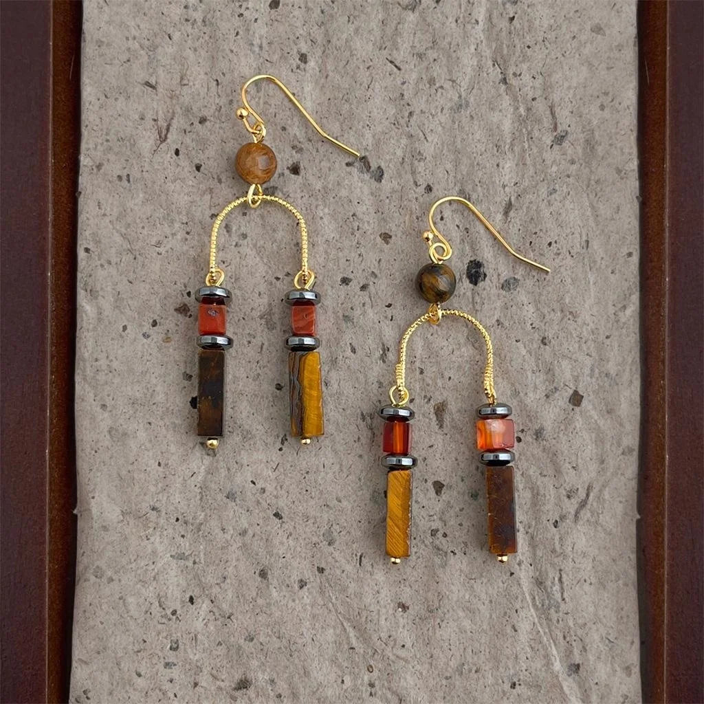 Vintage Maillard Ethnic Geometric Tassel Drop Earrings Copper Red Agate Tiger Eye Natural Stone