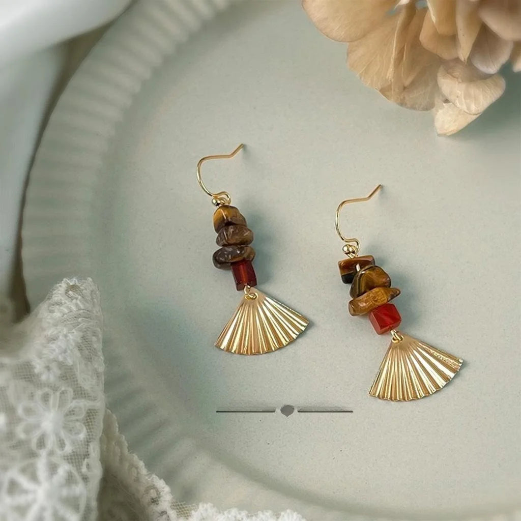 Handmade Vintage Chinese Style Tiger Eye Red Agate Copper Fan Tassel Drop Earrings