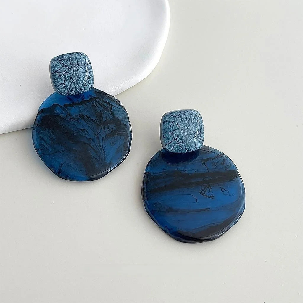 Glacier Blue Resin Round Geometric Drop Earrings, Statement Vacation Style Women's Jewelry