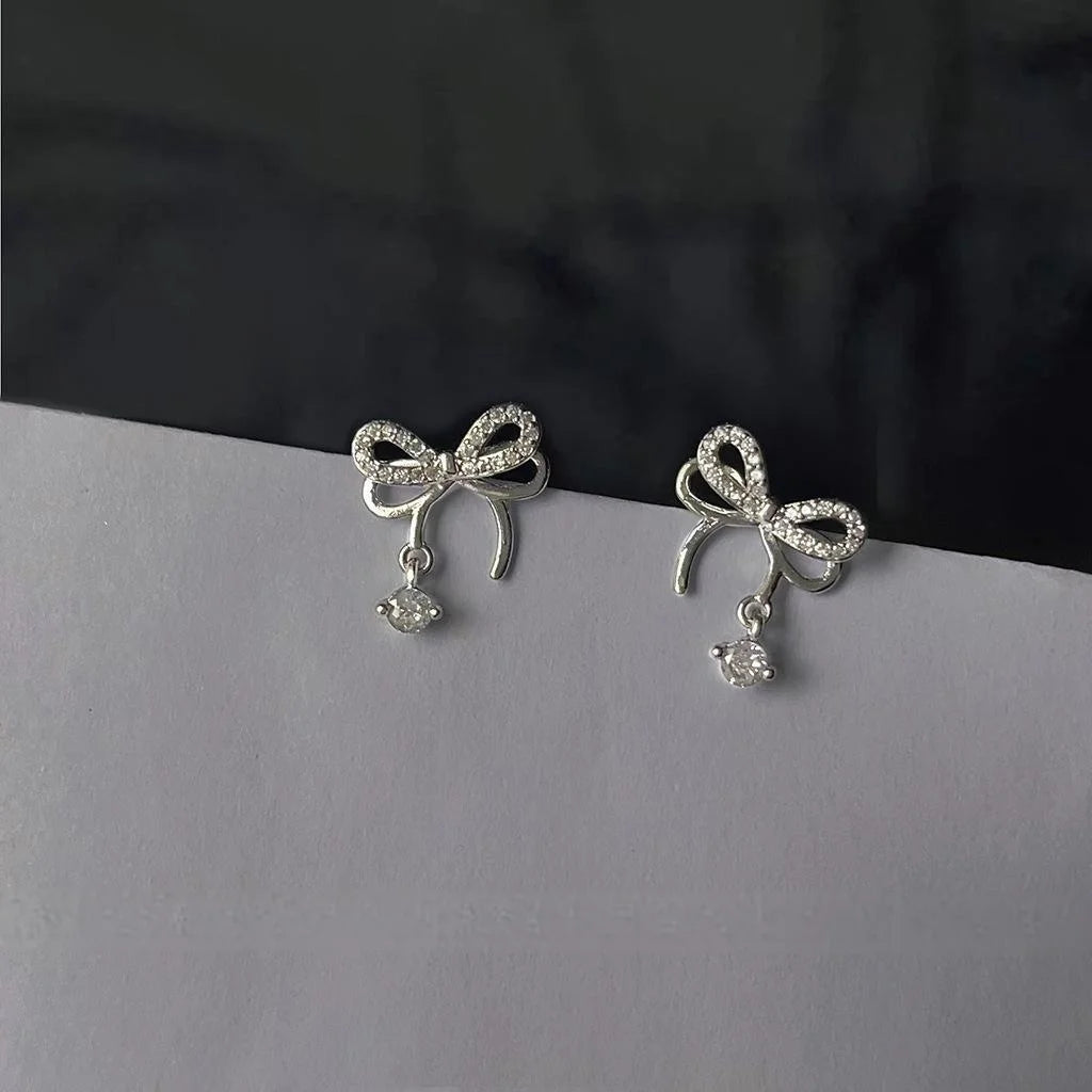 Sweet Cool Micro Pave Zircon Hollow Bow Stud Earrings, Copper Silver Plated Pin Commuter Jewelry
