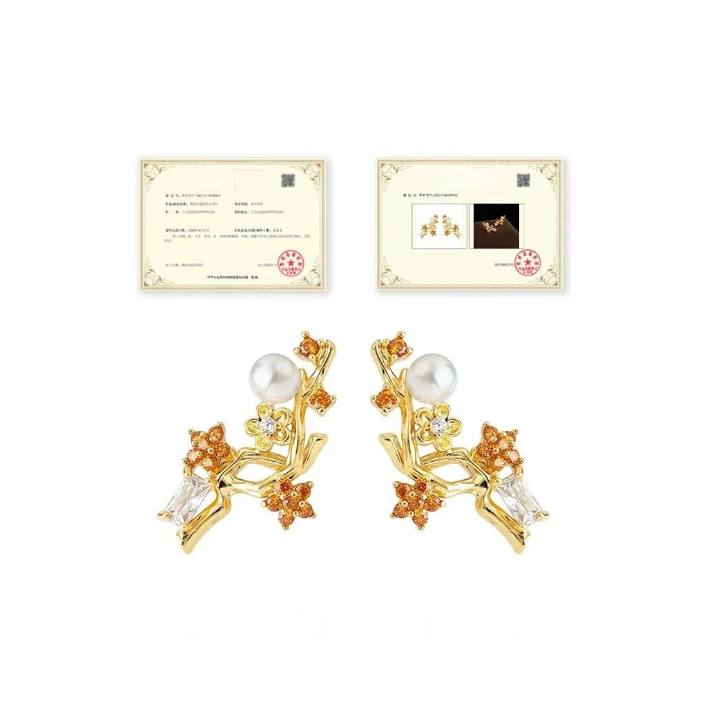 New Chinese Plum Blossom Leaf Stud Earrings Copper Pearl Zircon Micro Pave Jewelry