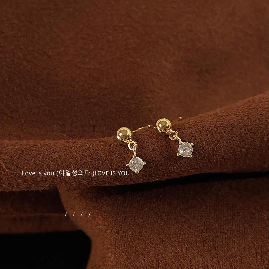 Mini 14K Gold Plated Copper Zircon Stud Earrings, Simple Geometric Round Polka Dot Jewelry