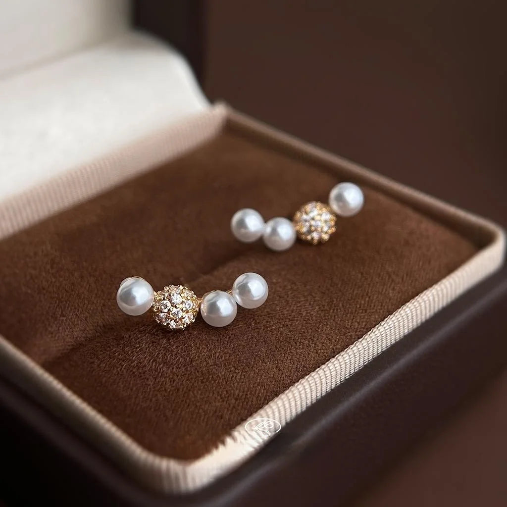 14K Plated Copper Pearl Zircon Smile Arc Stud Earrings Simple Geometric Fashion Jewelry
