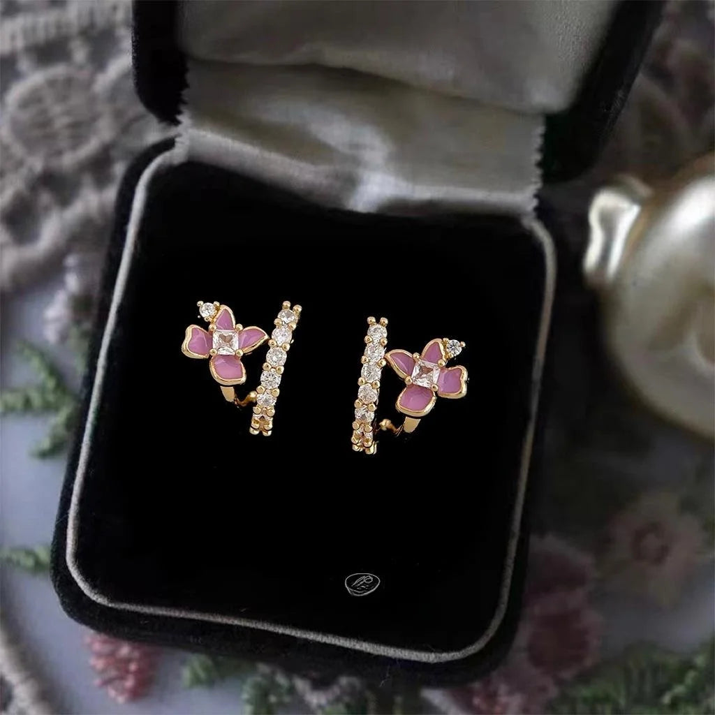 14K Gold Plated Copper Hydrangea Enamel Micro Pave Zircon Stud Earrings Pastoral Sweet Style