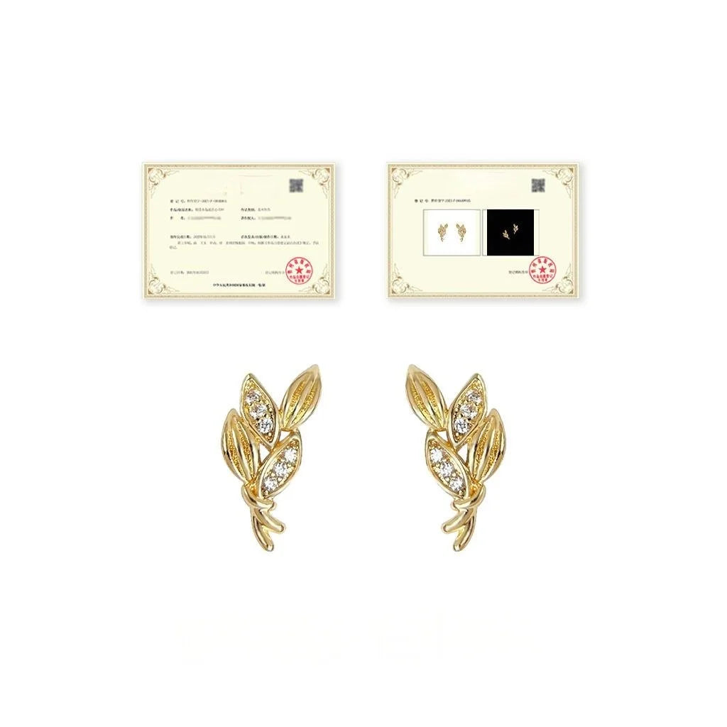 Simple Copper Zircon Wheat Ear Leaf Stud Earrings, Micro Pave Dainty Gift Jewelry