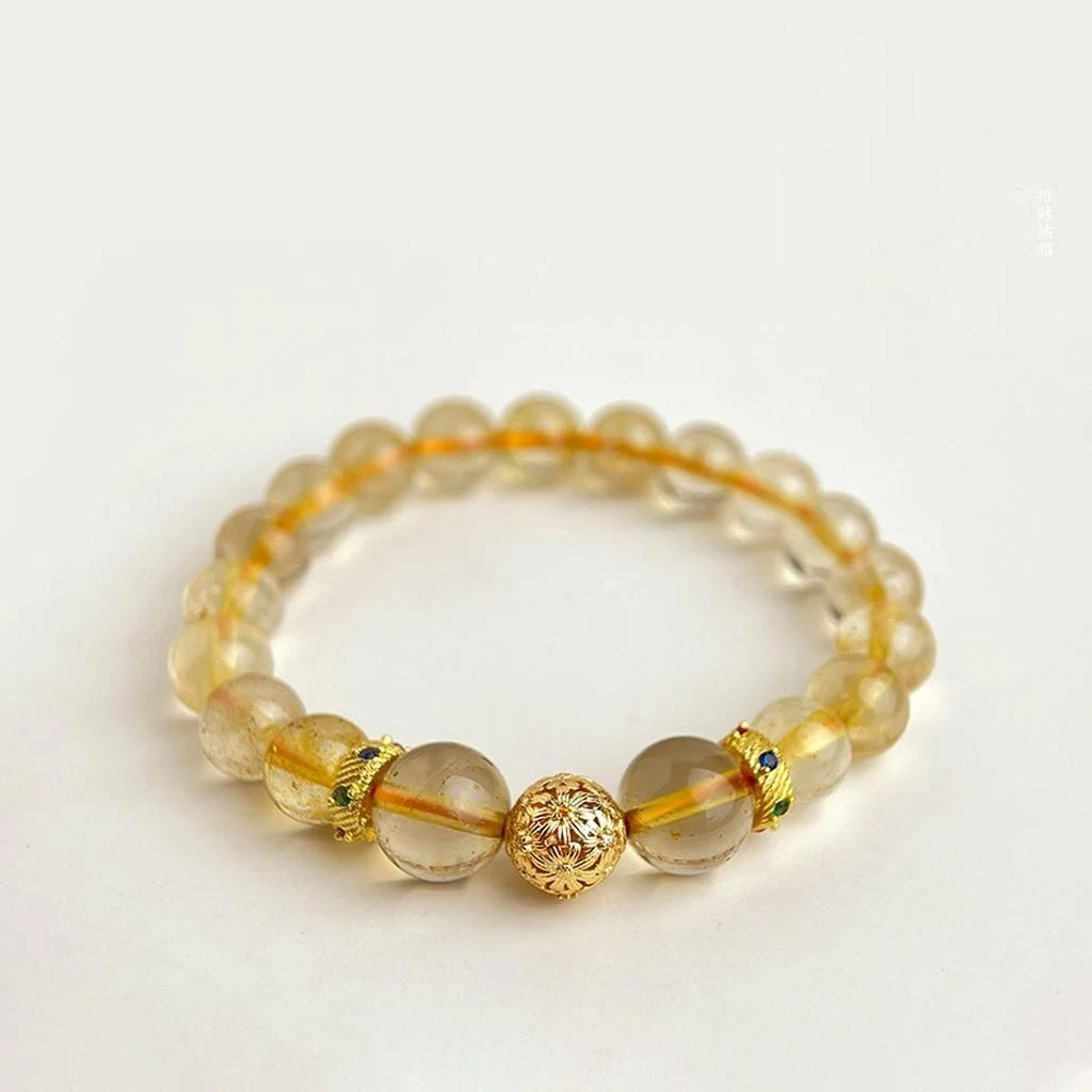 Golden Rutilated Quartz Natural Stone Geometric Round Bead New Chinese Vintage Handmade Bracelet