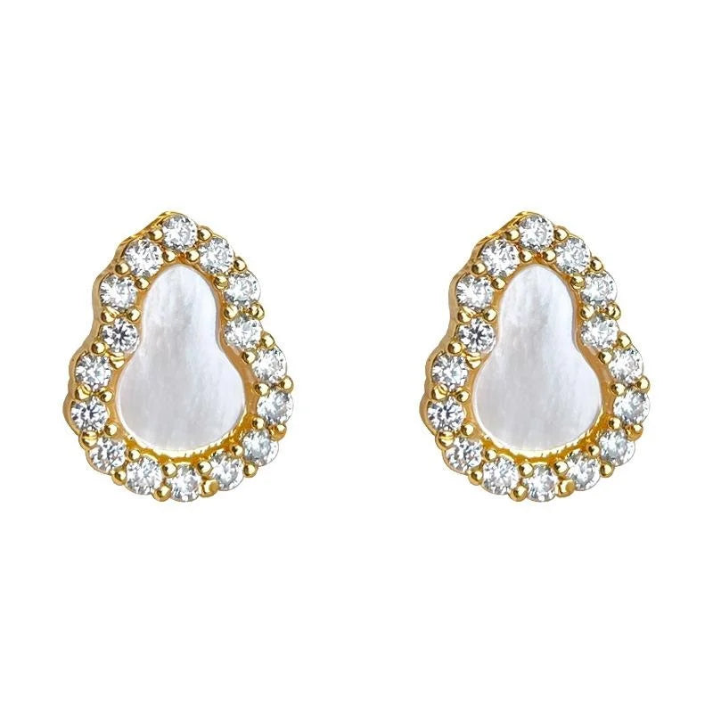 Light Luxury Micro Pave Zircon Real Shell Gourd Stud Earrings, Copper Silver Plated Pin Jewelry
