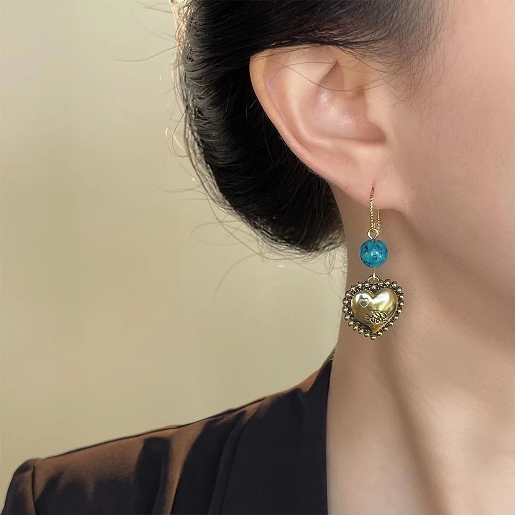 Vintage Ethnic Handmade Blackened Eco Copper Heart Geometric Drop Earrings For Women