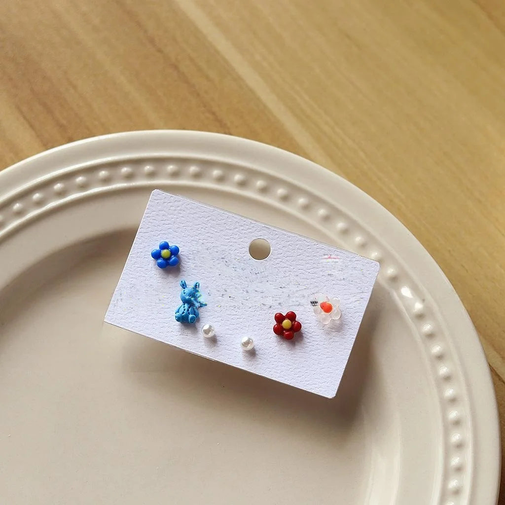 Cute Resin Rabbit Flower Stud Earrings With Silver Plated Posts, Korean Japanese Mini Style