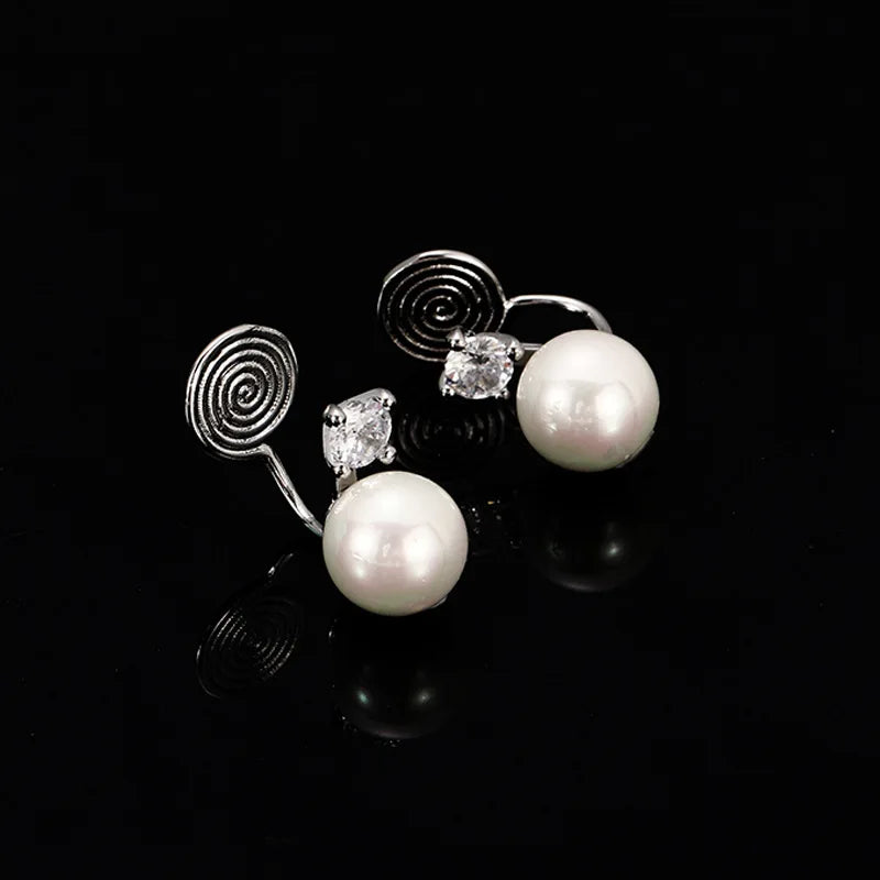 Elegant Alloy Spiral Shell Swirl Pearl Zircon Stud & Clip On No Piercing Ear Cuff Earrings