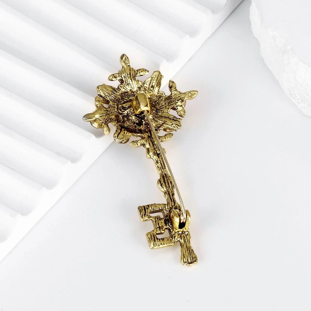 Vintage Gold Alloy Key Brooch With Red Rhinestone Flower, Elegant Women's Lapel Pin Suit Accessory Gift