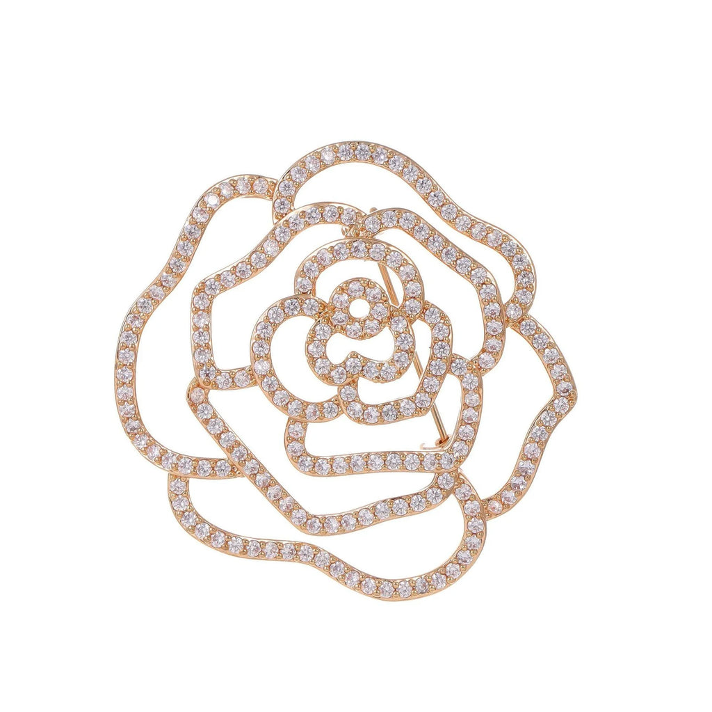 Luxury Full Rhinestone Camellia Flower Brooch, Gold Alloy Hollow Rose Lapel Pin Corsage Suit Accessory Gift