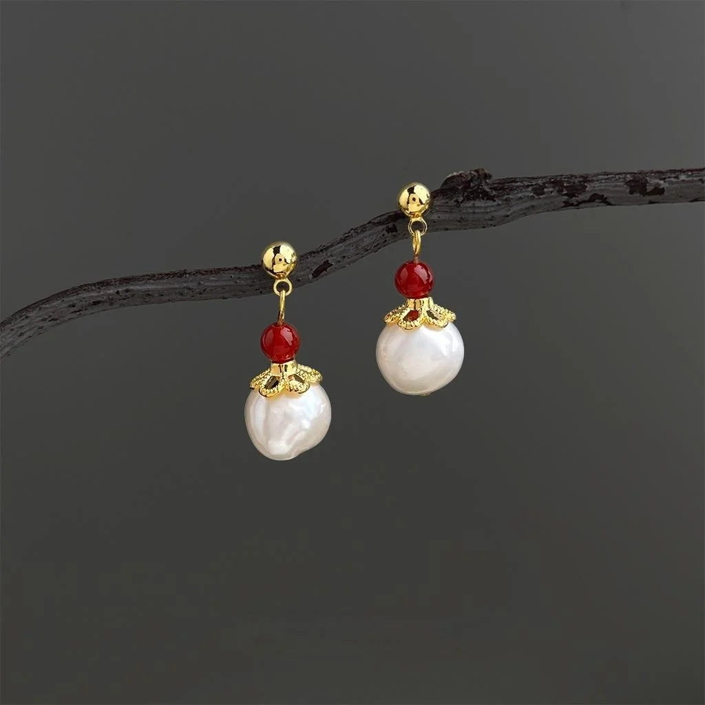 Vintage Baroque Natural Freshwater Pearl Geometric Round Drop Earrings For Women