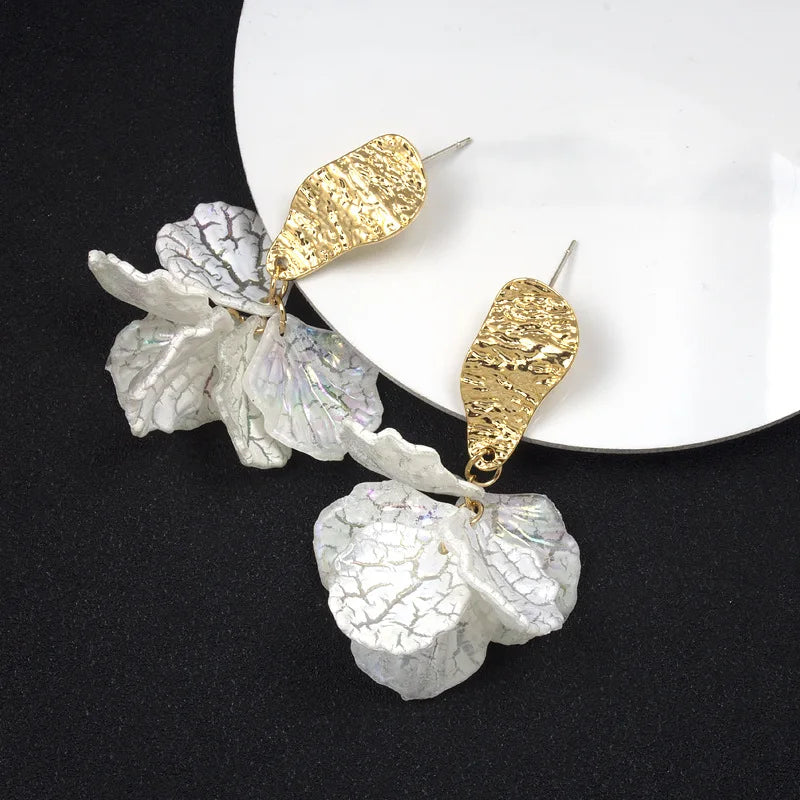 Elegant White Enamel Flower Petal Alloy Stud & Clip On No Piercing Korean Fashion Drop Earrings