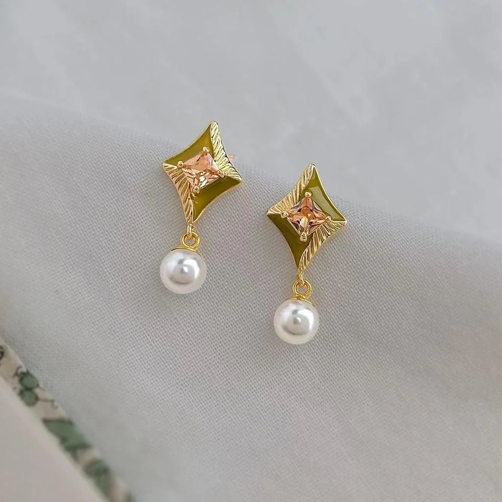 Old Money Style Geometric Round Square Drop Earrings, Enamel Pearl Zircon Silver Plated Pin