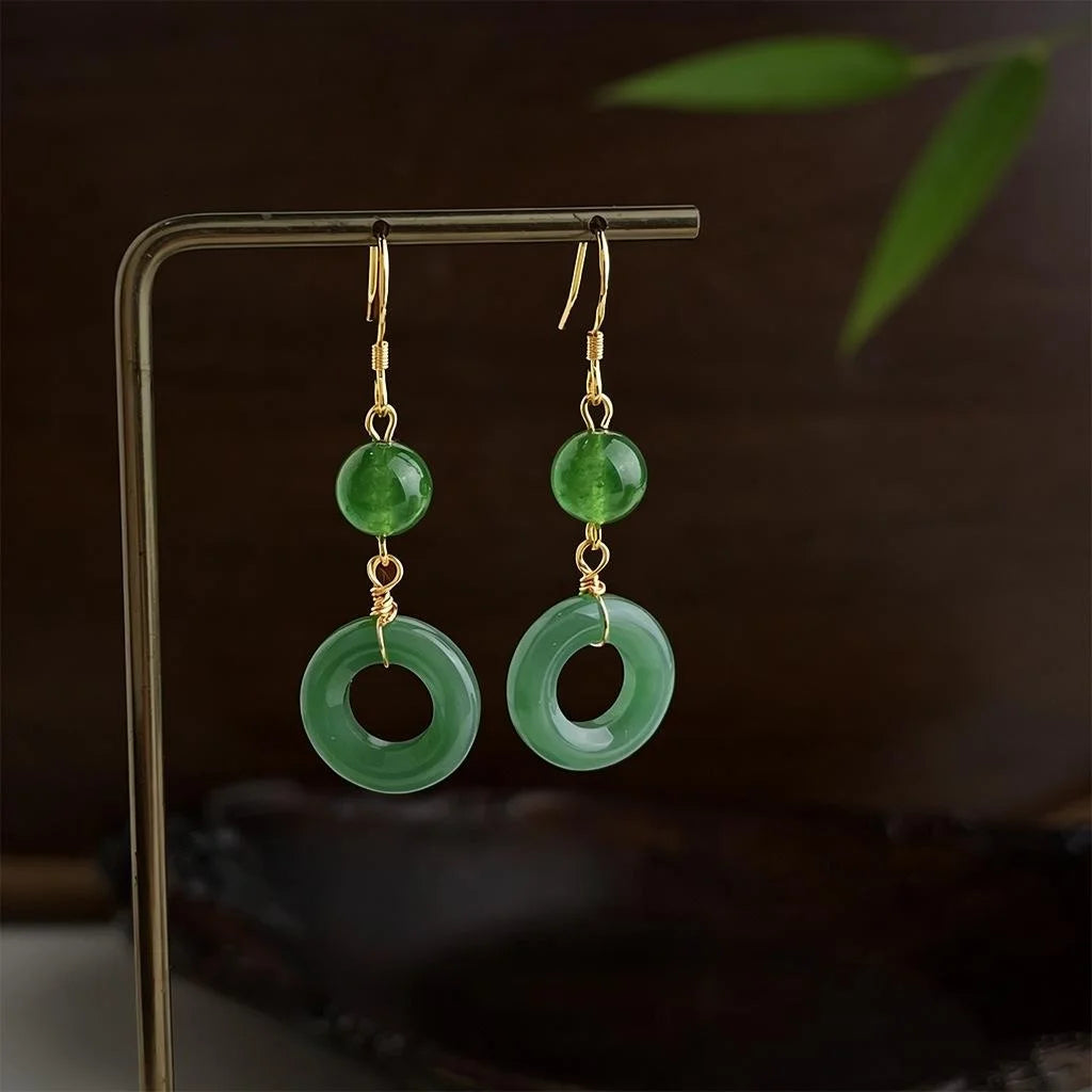 Chinese Retro Green Agate Copper Drop Earrings With Geometric Ring Design
