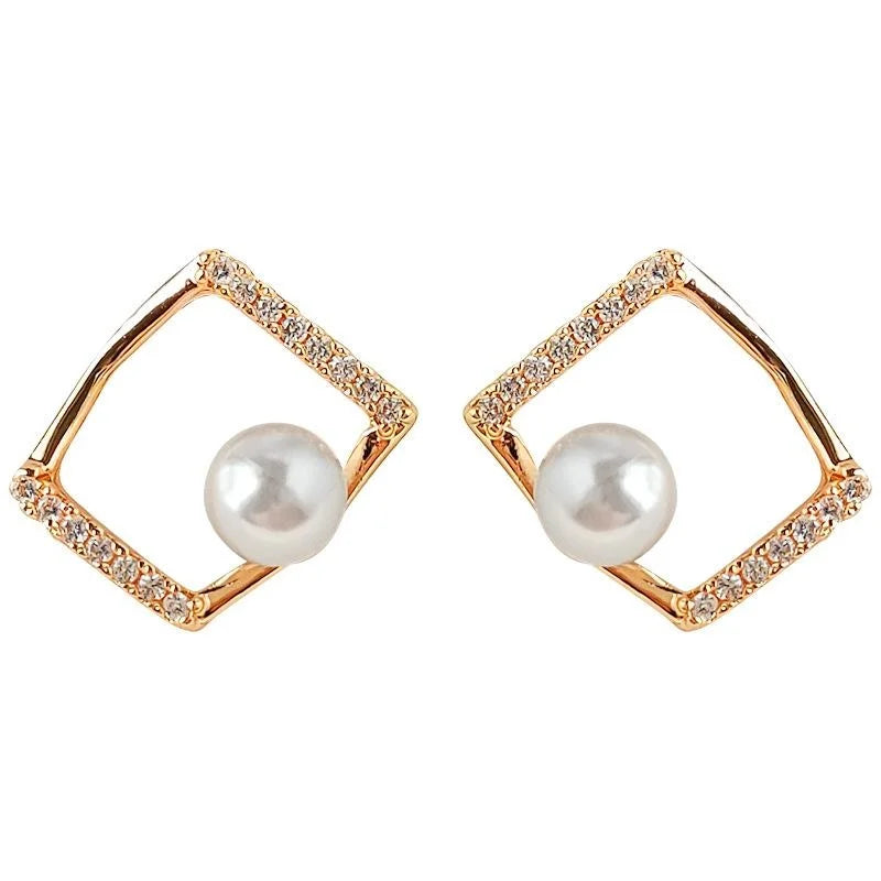 Copper Geometric Stud Earrings With Micro Pave Zircon, Pearl Hollow Line Minimalist Luxury Style