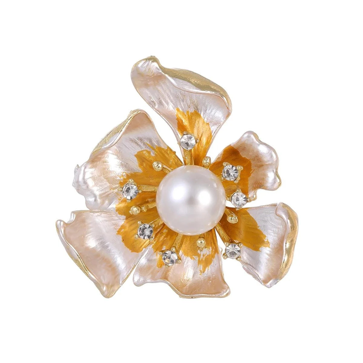 Elegant Enamel Flower Brooch With Pearl Center And Rhinestone Accents, Gold Alloy Lapel Pin Gift