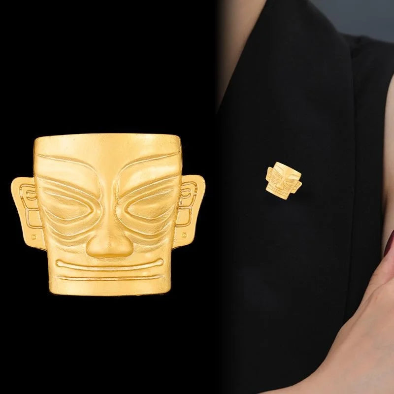 Vintage Gold Tone Alloy Tribal Mask Brooch, Smooth Face Party Lapel Pin For Suit Accessory Gift