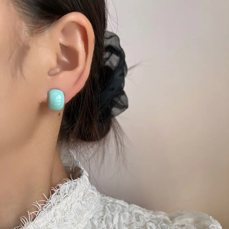 Elegant Blue Enamel Bean Shape Stud & Clip On No Piercing Alloy Earrings