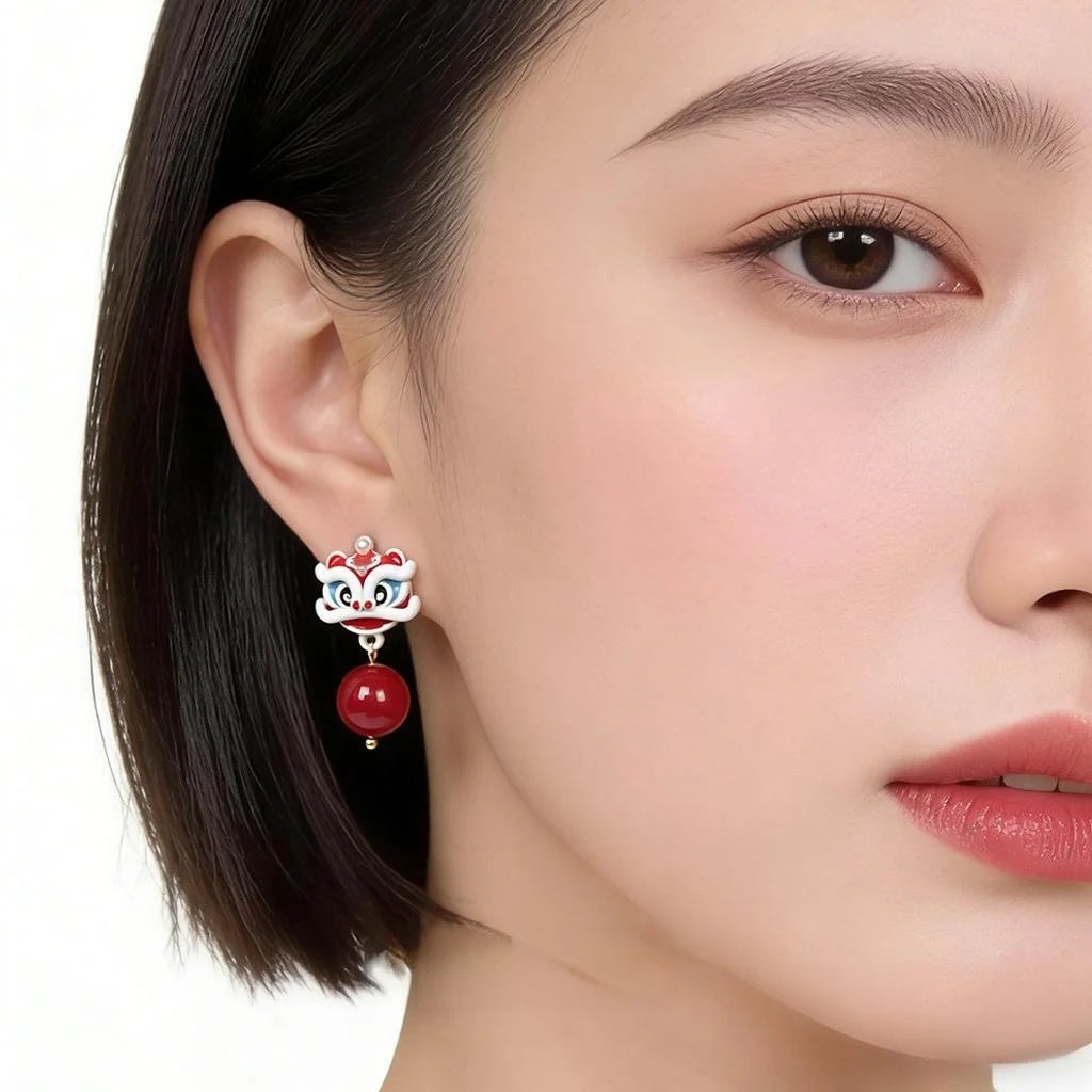 Cute Chinese Style Lion Dance Drop Earrings Handmade Painted Enamel Copper Jewelry