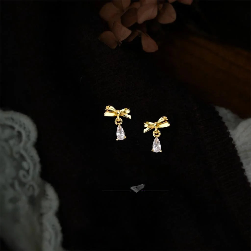 French Vintage Copper Bow Teardrop Stud Earrings With Micro Pave Zircon Sweet Commuter Jewelry