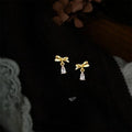 French Vintage Copper Bow Teardrop Stud Earrings With Micro Pave Zircon Sweet Commuter Jewelry