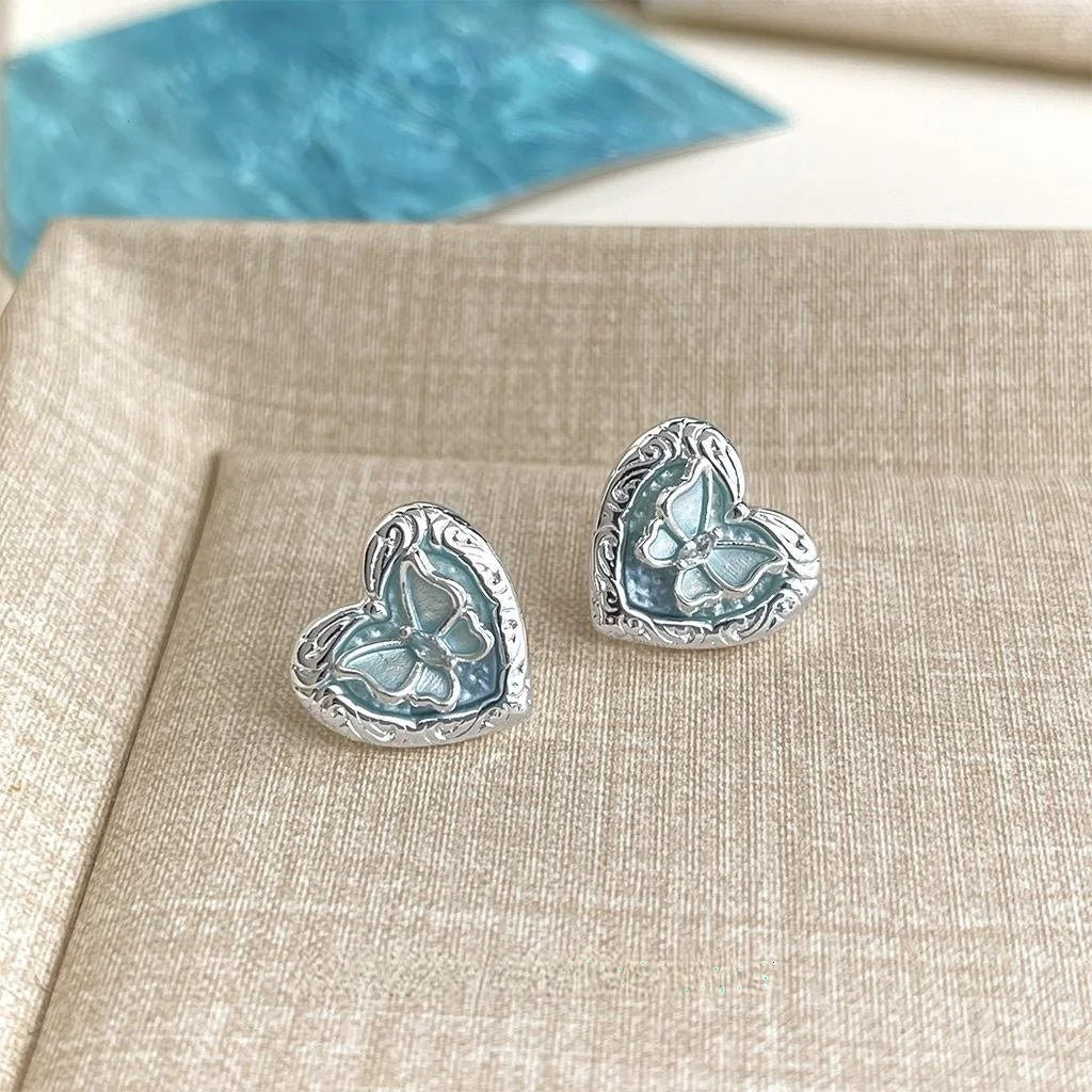 Elegant Blue Heart Butterfly Copper Stud Earrings With Silver Plated Posts