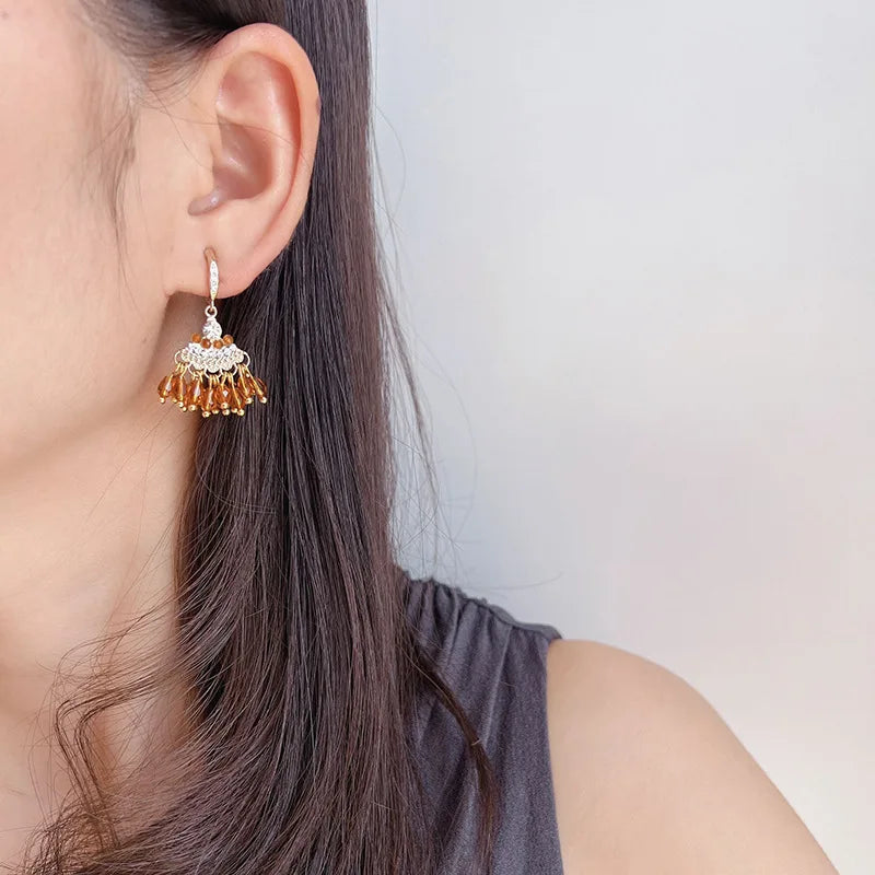 Vintage Fan Tassel Amber Crystal Rhinestone Alloy Stud & Clip On No Piercing Drop Earrings