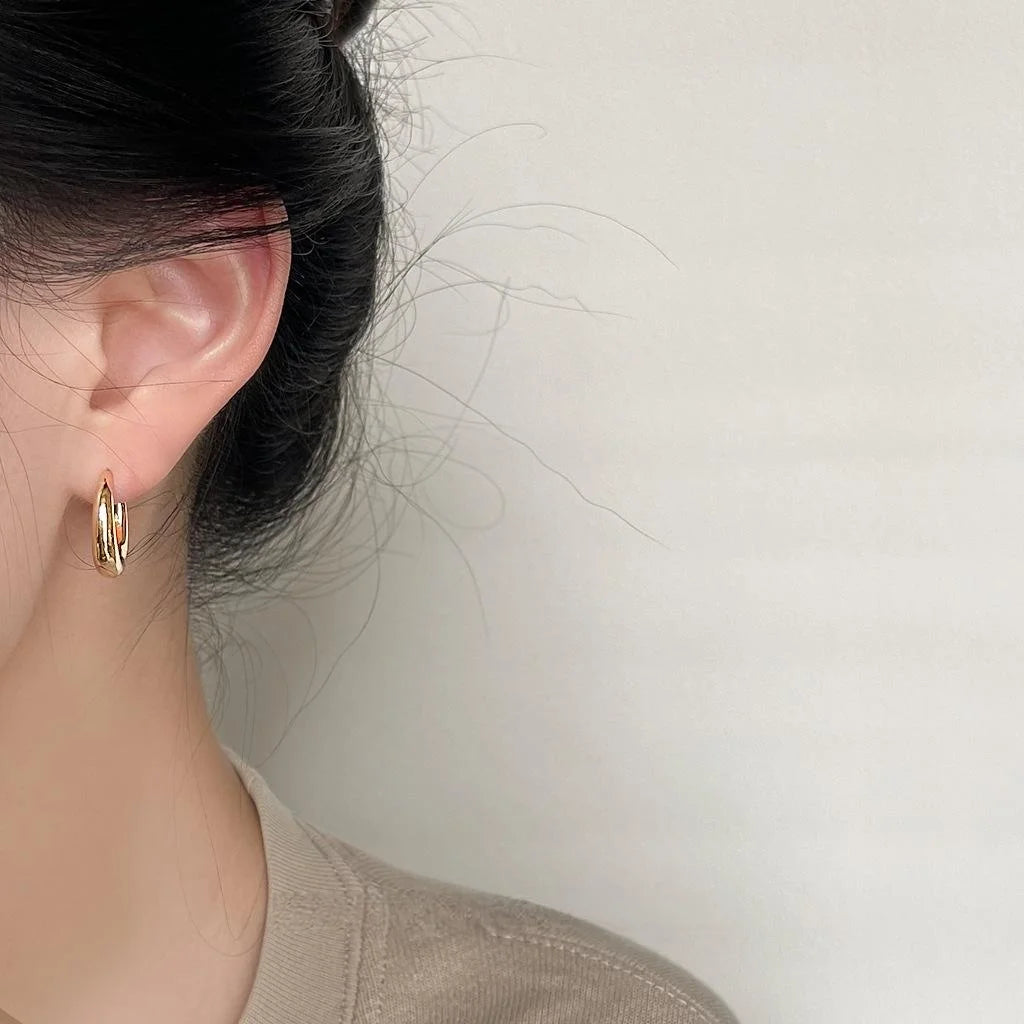 14K Gold Plated Copper Smooth Round Hoop Drop Earrings Minimalist Geometric Light Luxury Jewelry