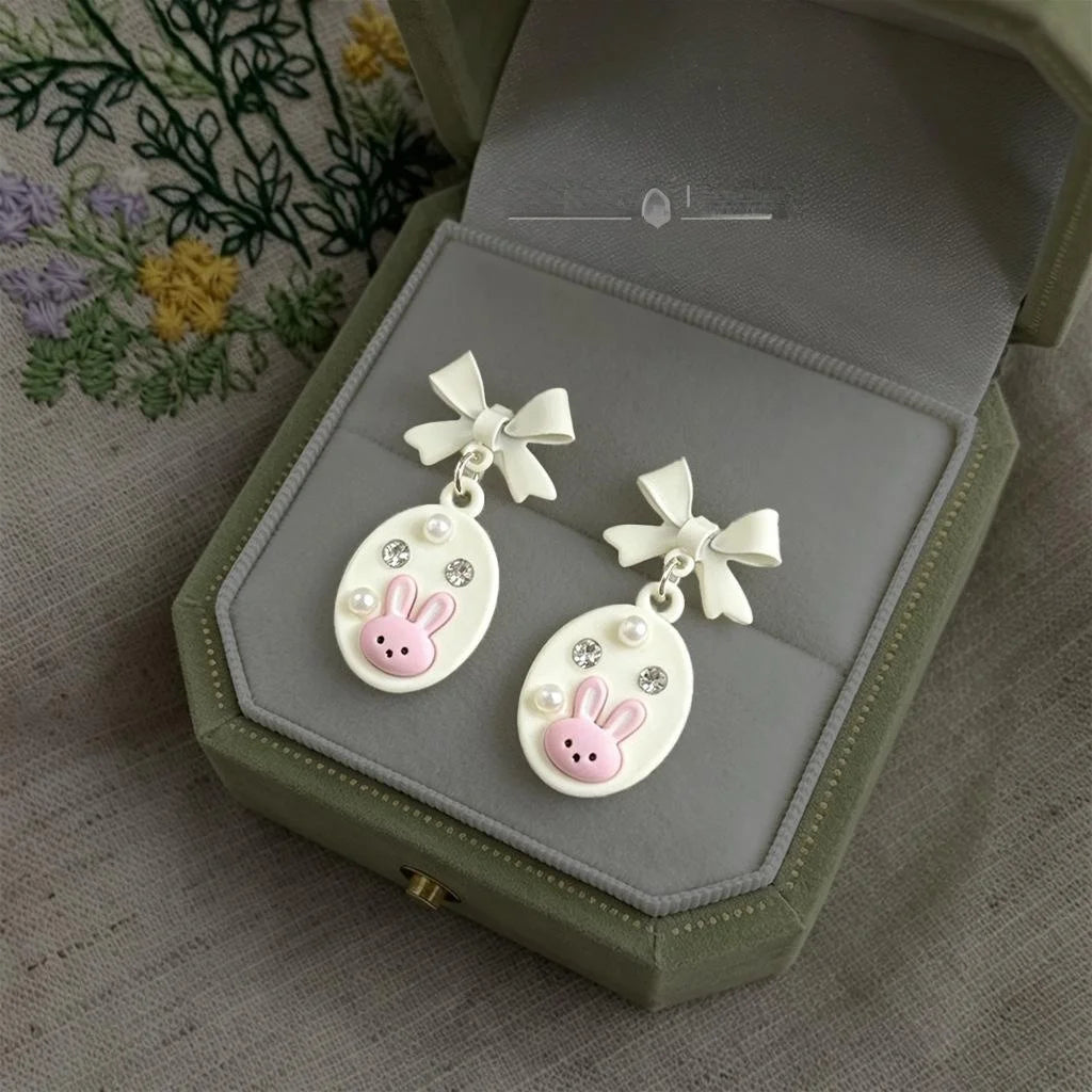 Cute Enamel Rhinestone Bunny Bow Pearl Copper Drop Earrings Sweet Kawaii Jewelry