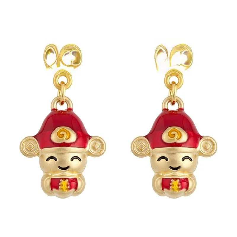 Chinese New Year Enamel Painted Eco Copper Wealth God Drop Earrings Festive Cartoon Jewelry