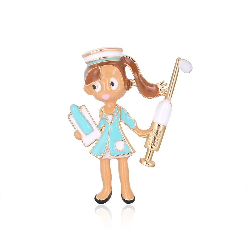 Cute Enamel Alloy Nurse Girl Brooch With Syringe, Fashion Lapel Pin Suit Accessory Gift For Women