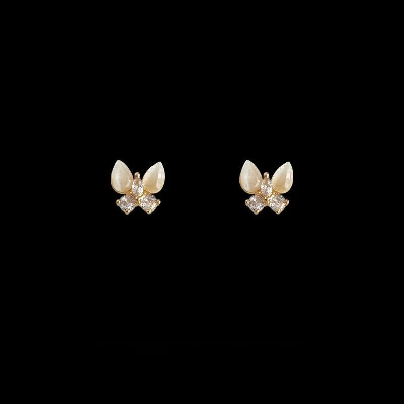 14K Plated Copper Butterfly Stud Earrings With Glass Cat Eye Stone And Micro Pave Zircon Minimalist Sweet