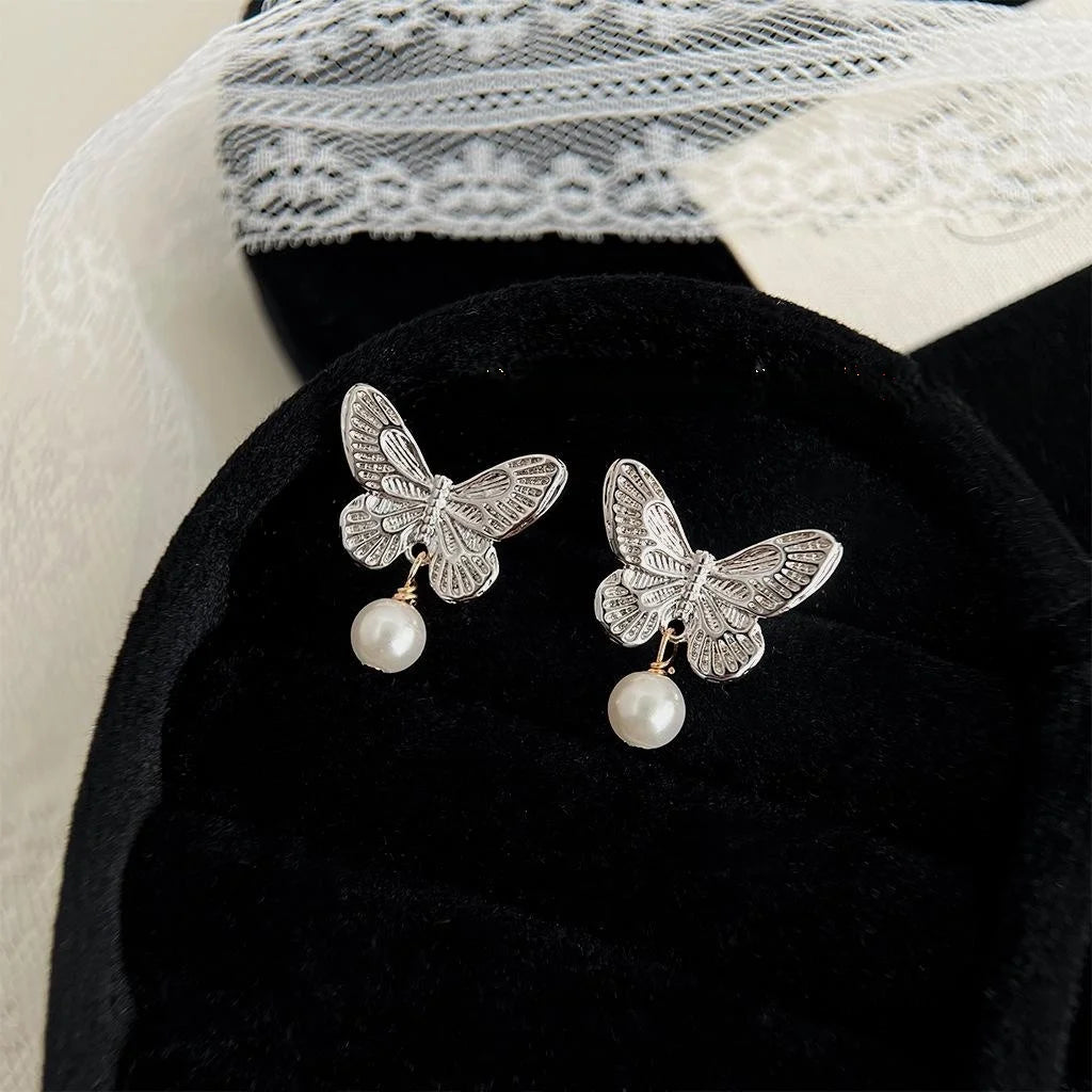 French Vintage Butterfly Stud Earrings Copper Glass Pearl Textured Handmade Palace Style