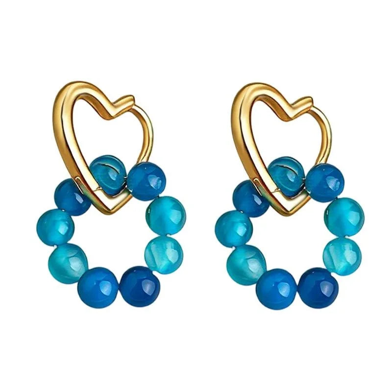 Aqua Blue Natural Agate Heart Geometric Floral Drop Earrings Handmade Resort Style