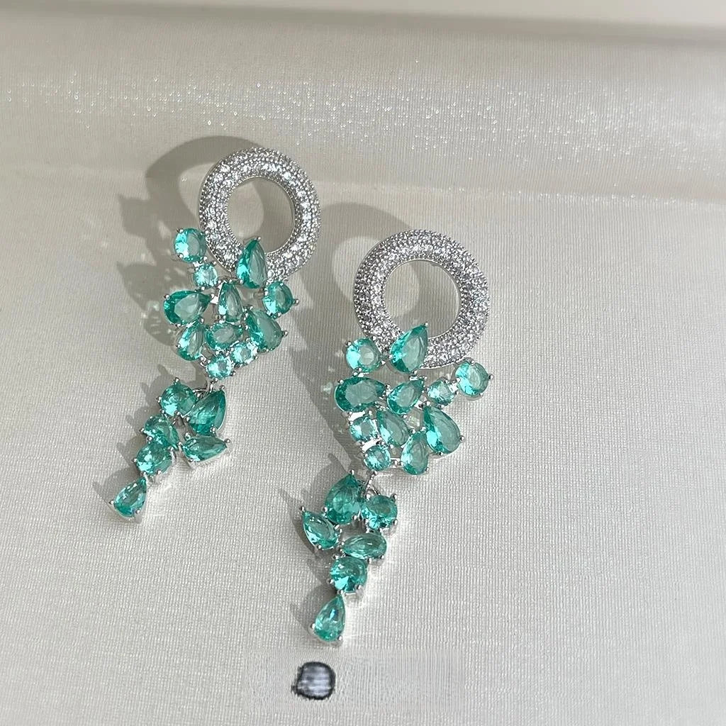 Blue Green Grape Zircon Copper Tassel Drop Earrings With Silver Plated Pins