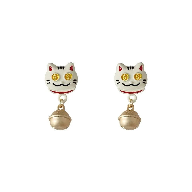Lucky Cat Copper Stud Earrings With Silver Plated Pins, Enamel New Year Style