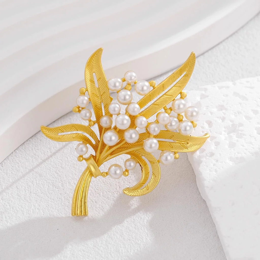 Elegant Gold Alloy Leaf Bouquet Brooch With Faux Pearls, Women's Lapel Pin Corsage Suit Accessory Gift