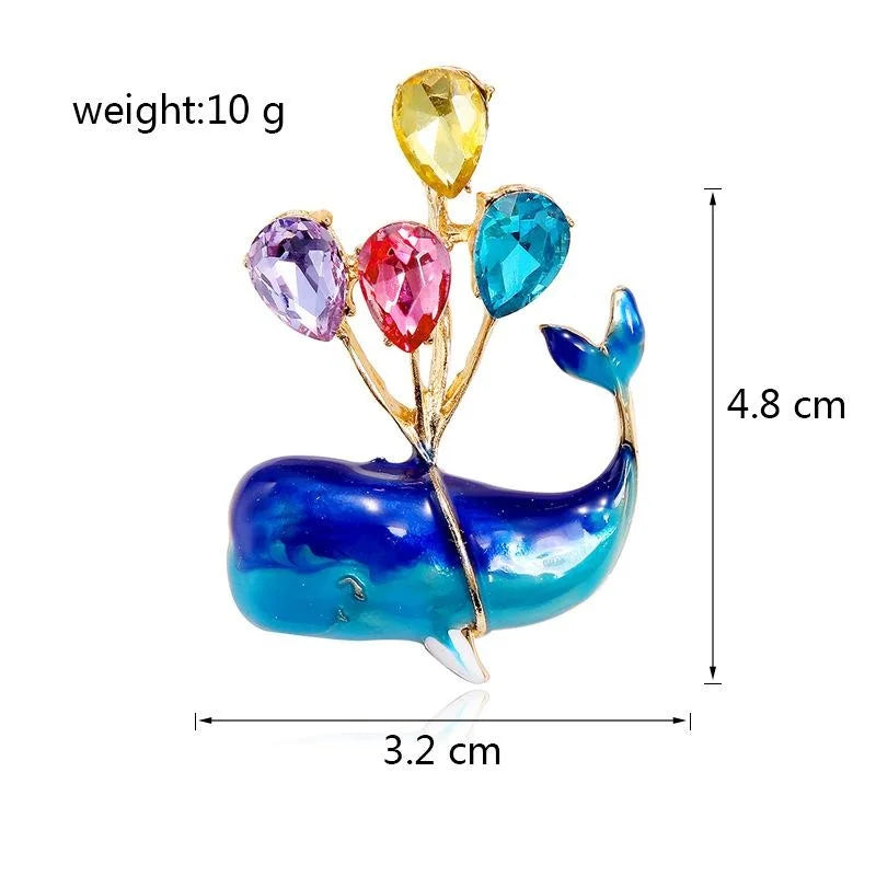 Cute Blue Enamel Whale With Rhinestone Balloons Brooch, Cartoon Ocean Animal Lapel Pin Gift For Women